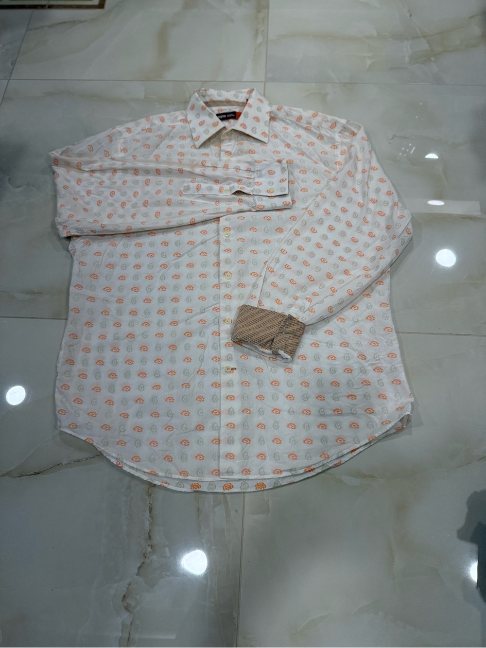 Men's White Button-Up Shirt with Orange Print